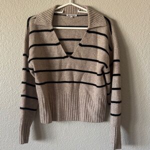Reformation Tan and Black Striped V-Neck Sweater